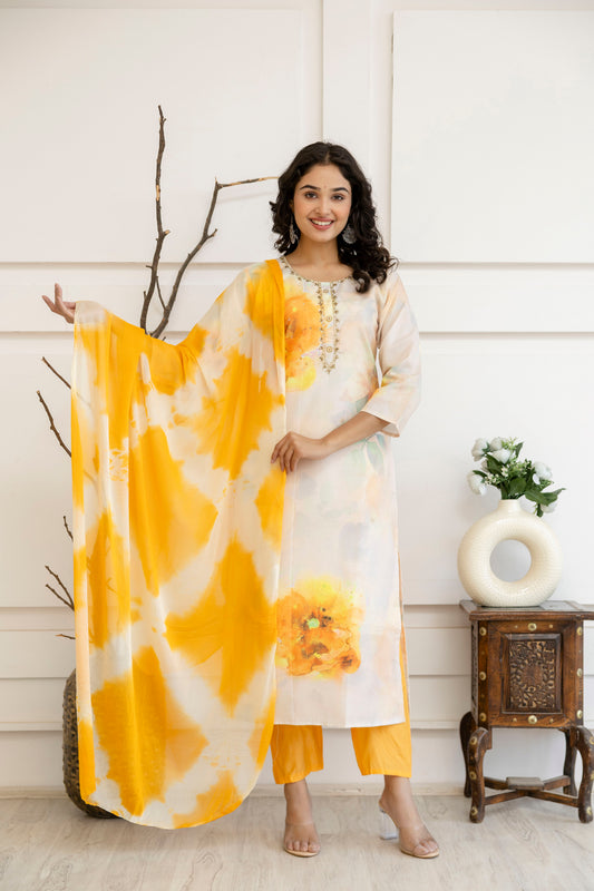 Digital Printed Kurti with Kardana Work, Round Neck, Plain Pants & Double-Toned Dupatta