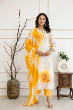 Digital Printed Kurti with Kardana Work, Round Neck, Plain Pants & Double-Toned Dupatta