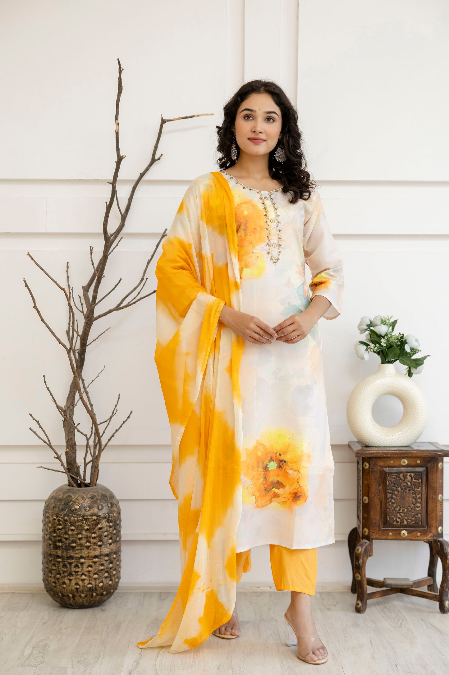 Digital Printed Kurti with Kardana Work, Round Neck, Plain Pants & Double-Toned Dupatta