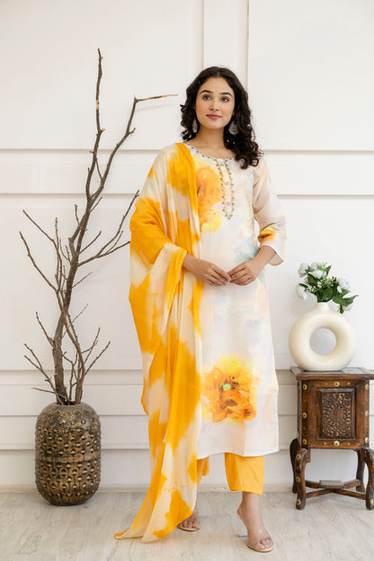 Digital Printed Kurti with Kardana Work, Round Neck, Plain Pants & Double-Toned Dupatta