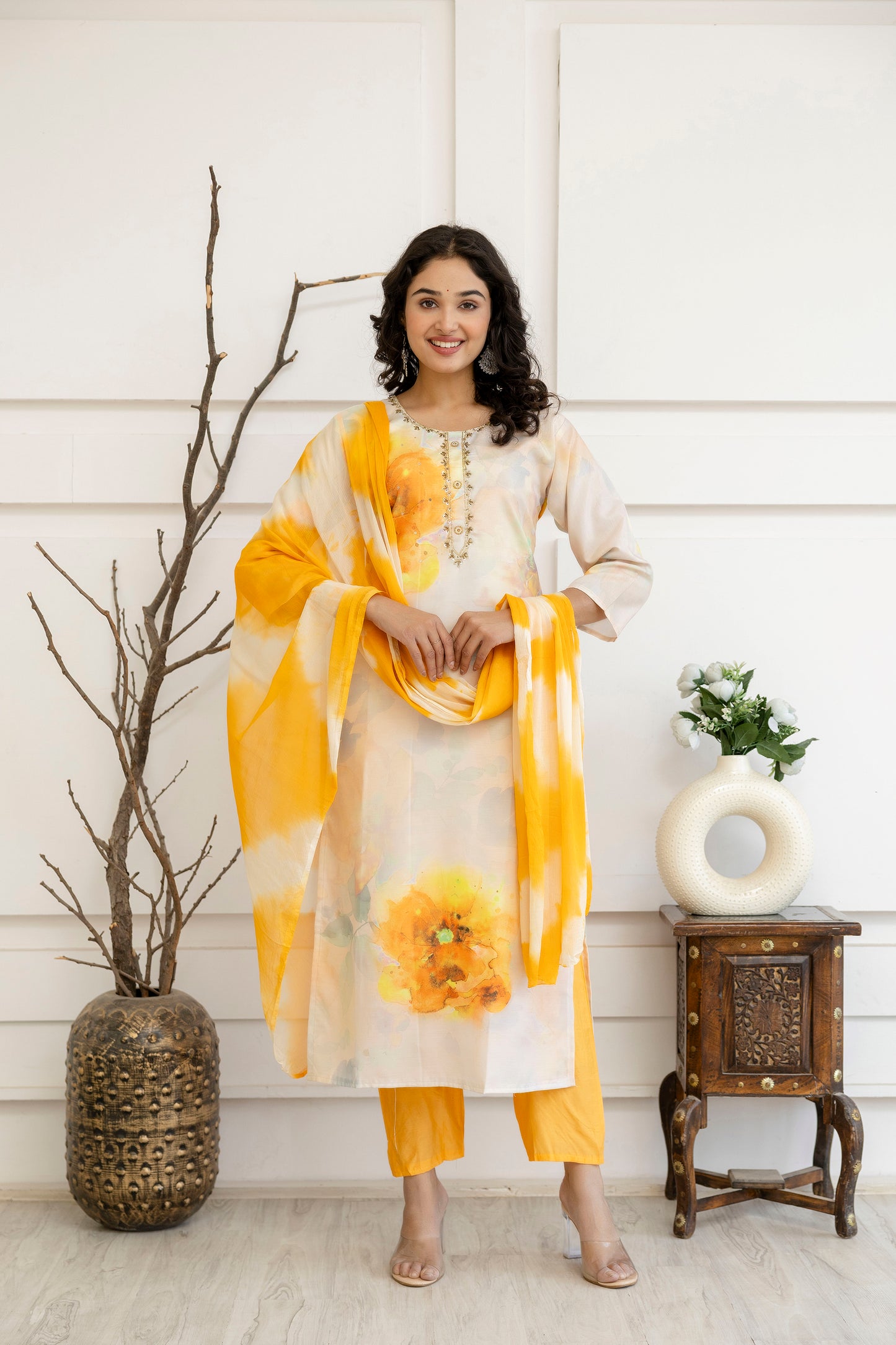 Digital Printed Kurti with Kardana Work, Round Neck, Plain Pants & Double-Toned Dupatta