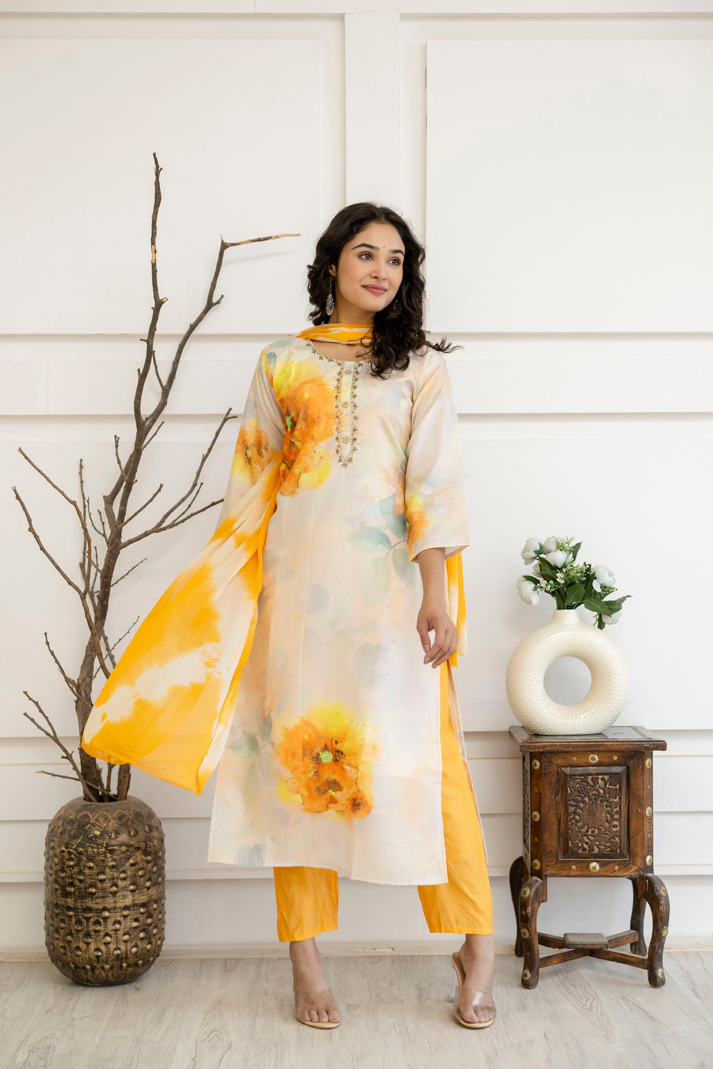 Digital Printed Kurti with Kardana Work, Round Neck, Plain Pants & Double-Toned Dupatta