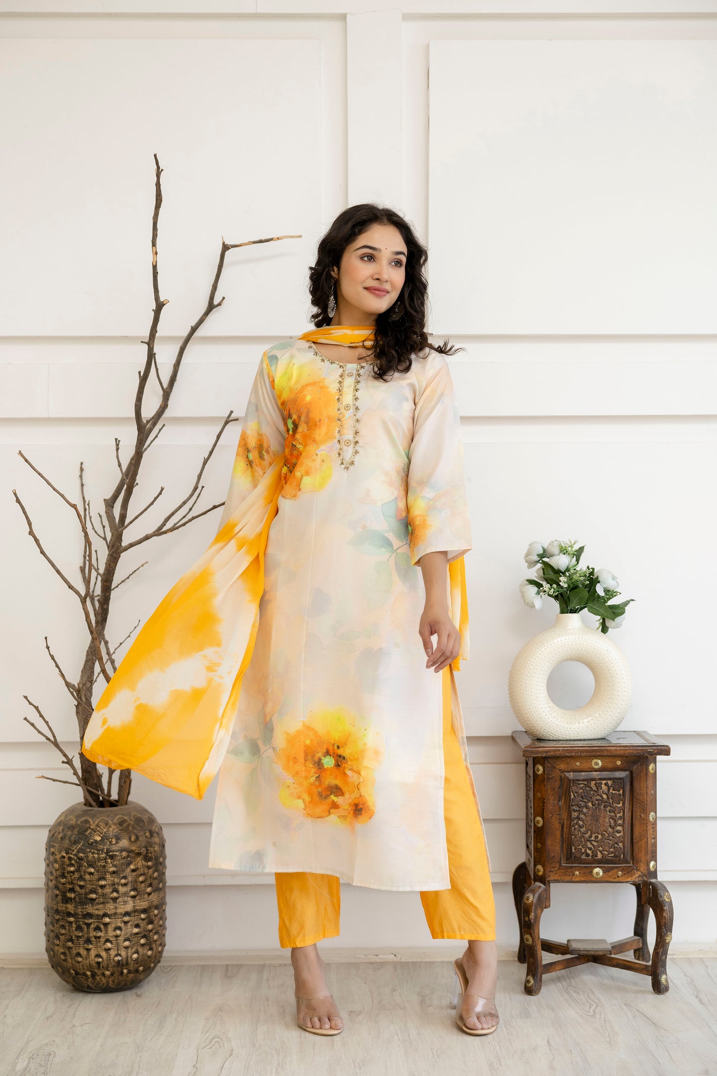 Digital Printed Kurti with Kardana Work, Round Neck, Plain Pants & Double-Toned Dupatta