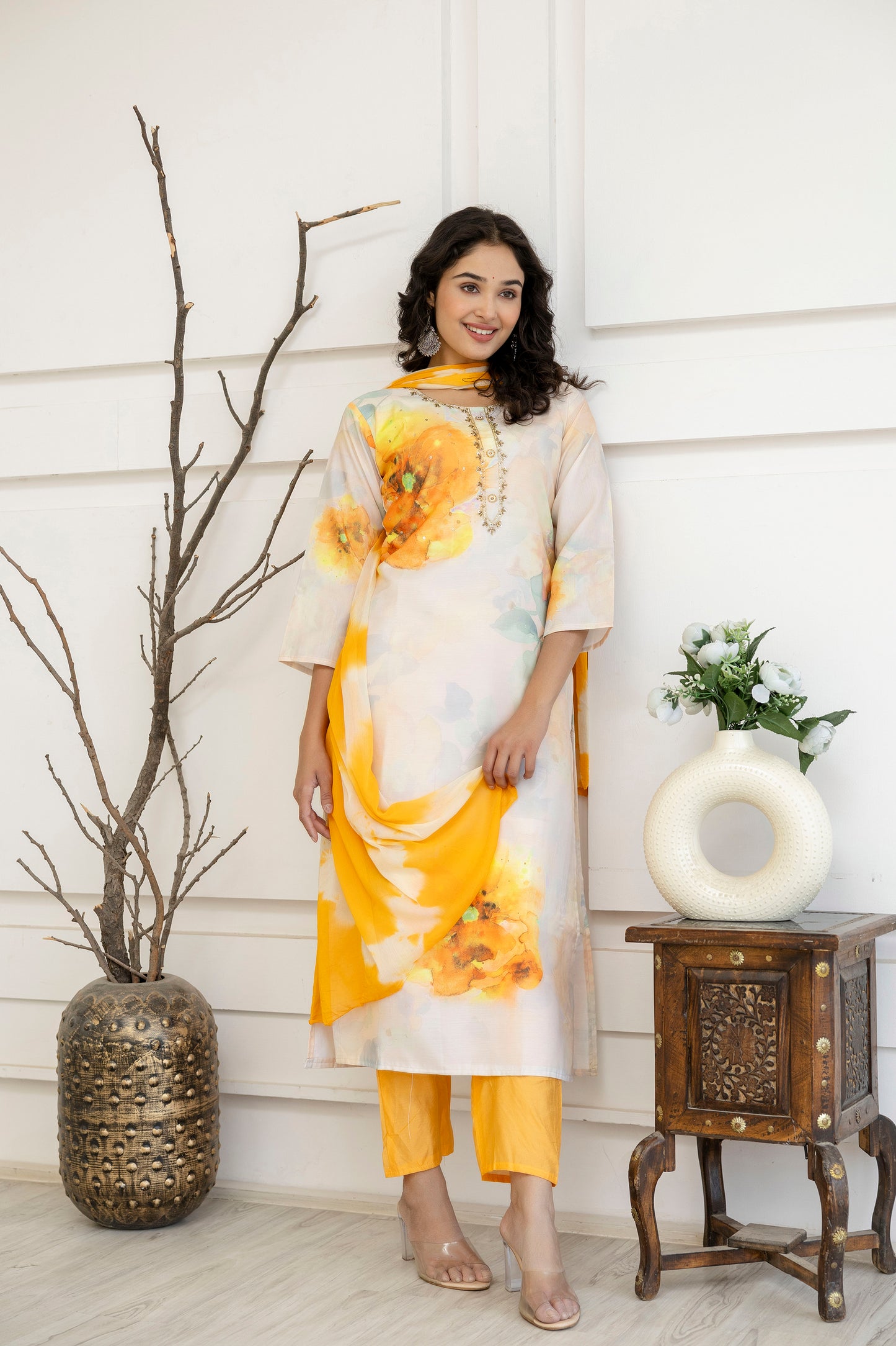 Digital Printed Kurti with Kardana Work, Round Neck, Plain Pants & Double-Toned Dupatta