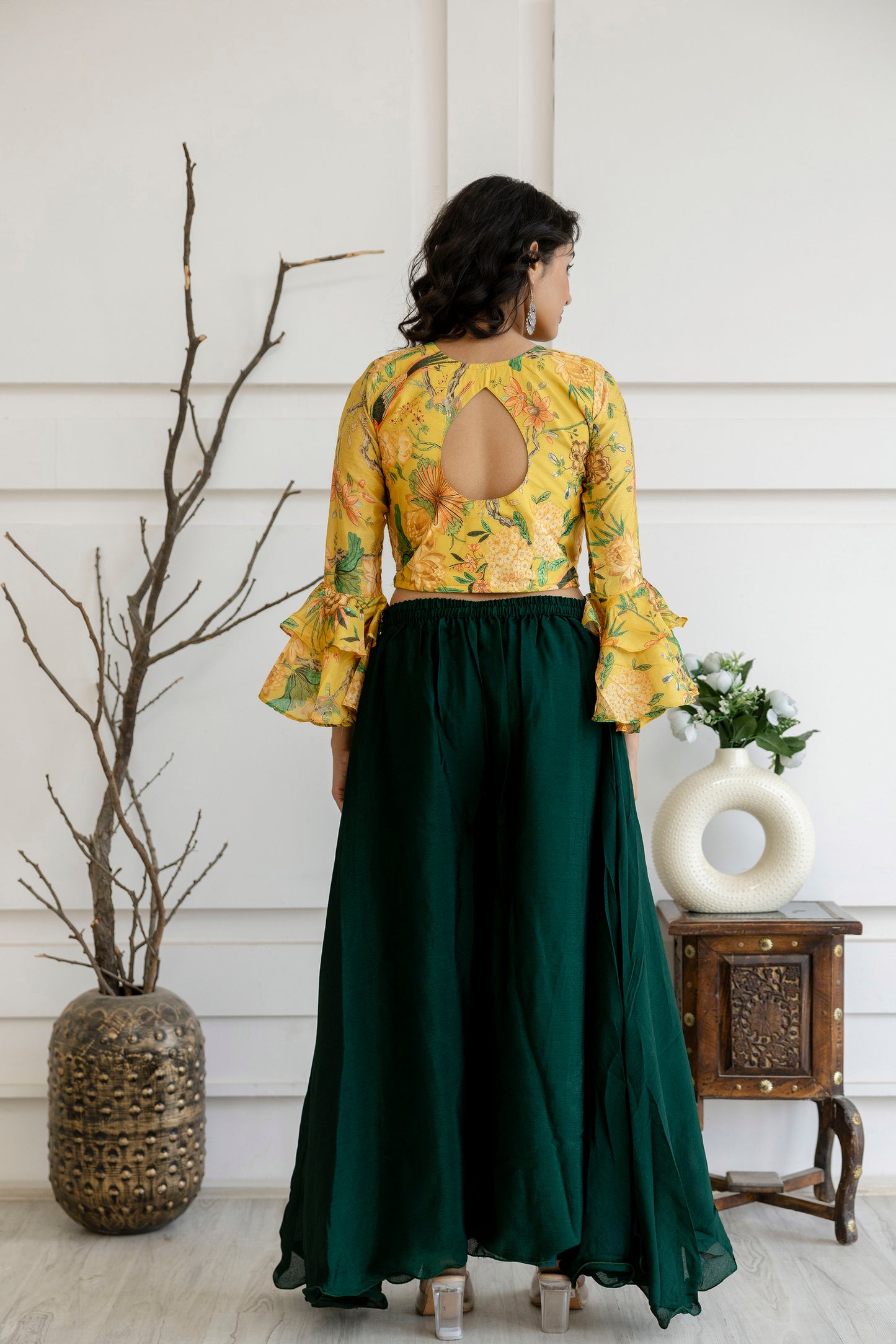 Printed Crop Top with Thread Embellished Palazzo & Sheer Net Dupatta