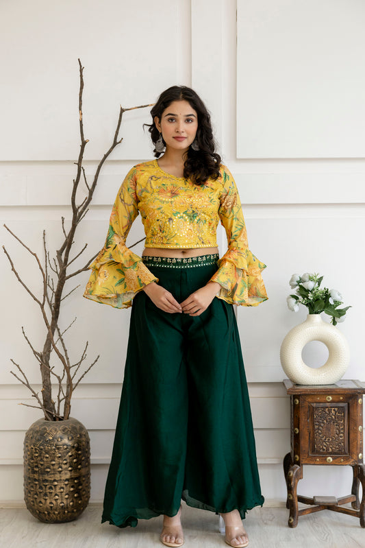 Printed Crop Top with Thread Embellished Palazzo & Sheer Net Dupatta
