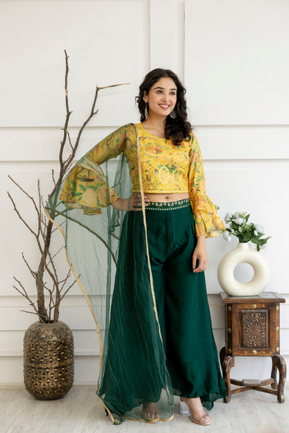 Printed Crop Top with Thread Embellished Palazzo & Sheer Net Dupatta
