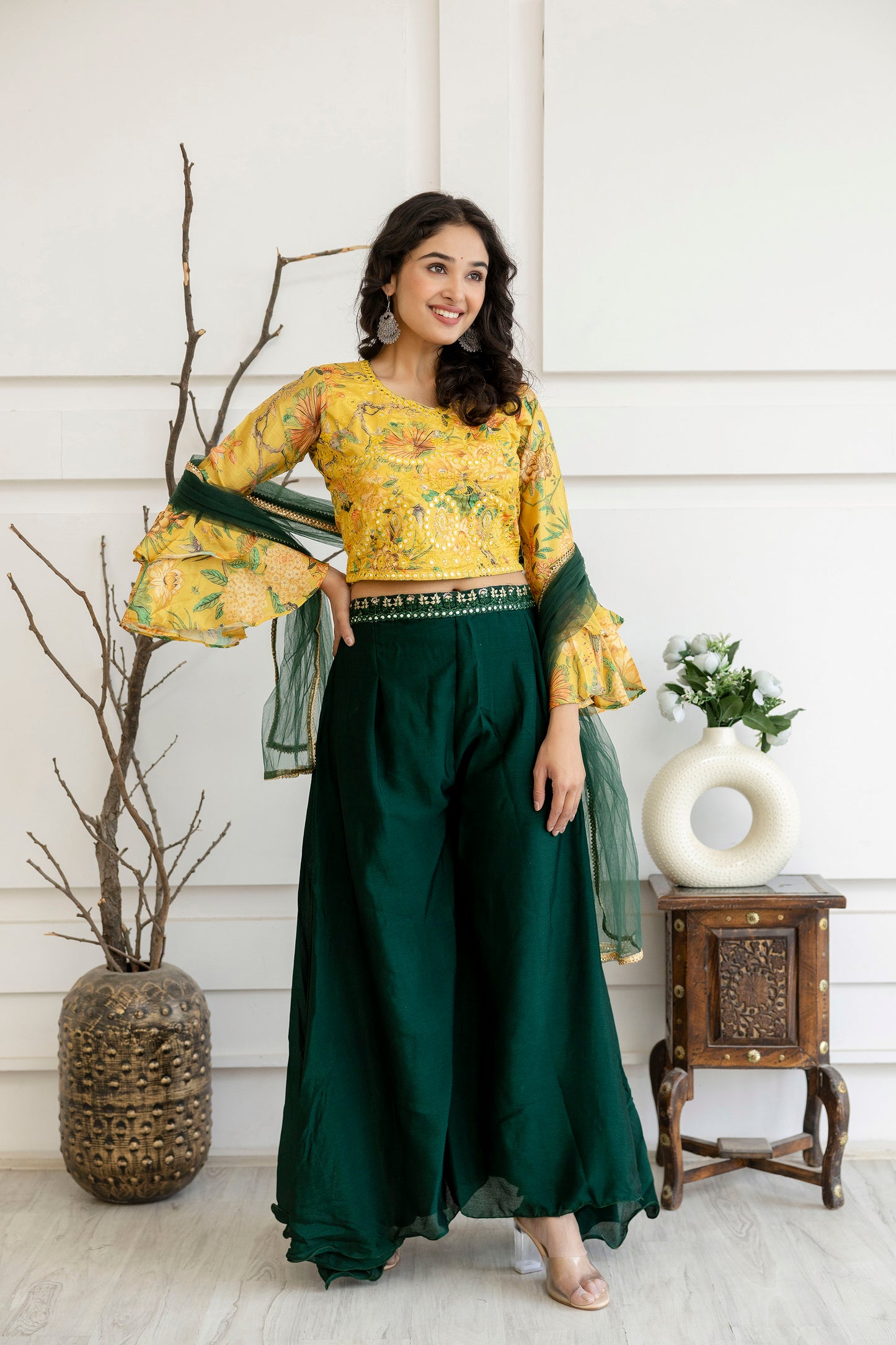 Printed Crop Top with Thread Embellished Palazzo & Sheer Net Dupatta
