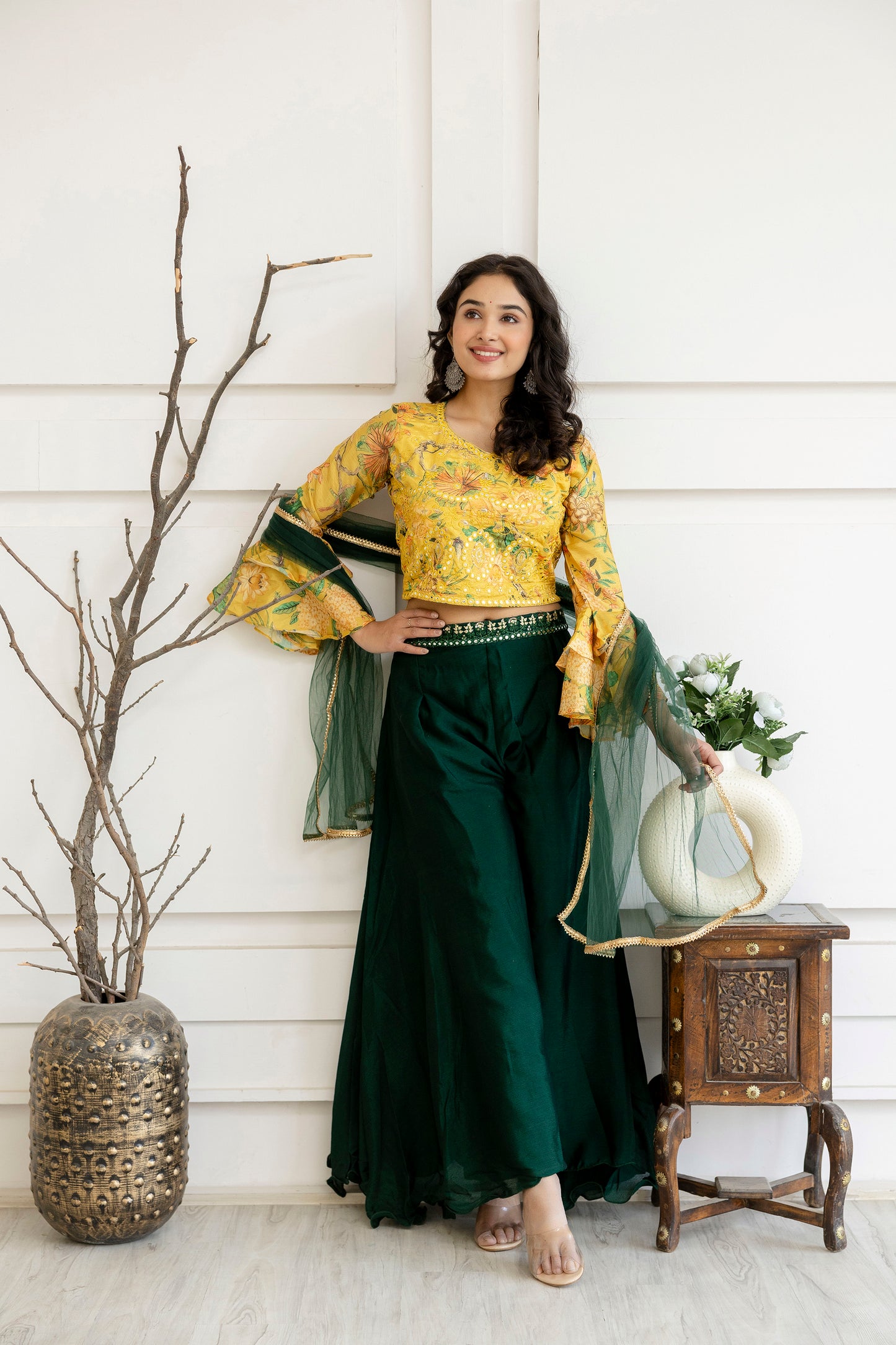 Printed Crop Top with Thread Embellished Palazzo & Sheer Net Dupatta