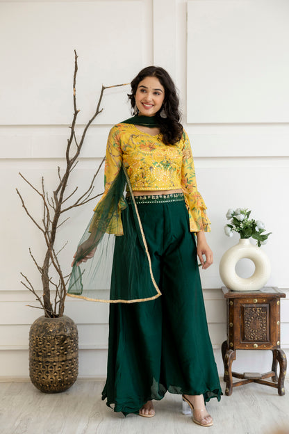 Printed Crop Top with Thread Embellished Palazzo & Sheer Net Dupatta