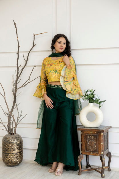 Printed Crop Top with Thread Embellished Palazzo & Sheer Net Dupatta