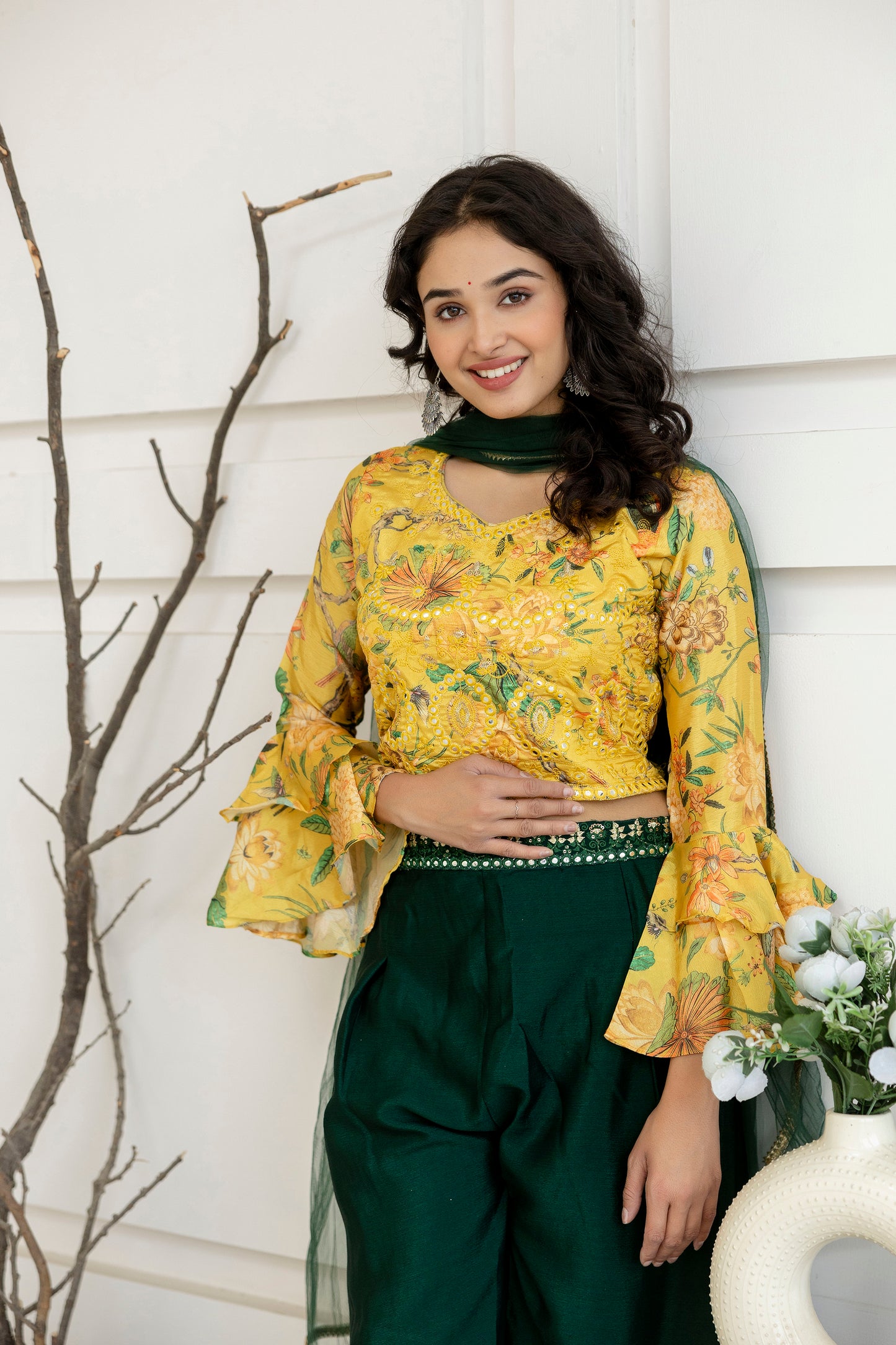 Printed Crop Top with Thread Embellished Palazzo & Sheer Net Dupatta