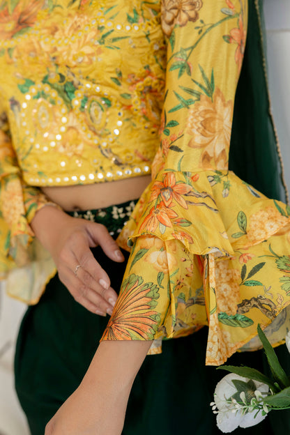 Printed Crop Top with Thread Embellished Palazzo & Sheer Net Dupatta