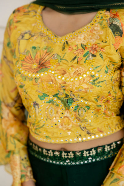 Printed Crop Top with Thread Embellished Palazzo & Sheer Net Dupatta