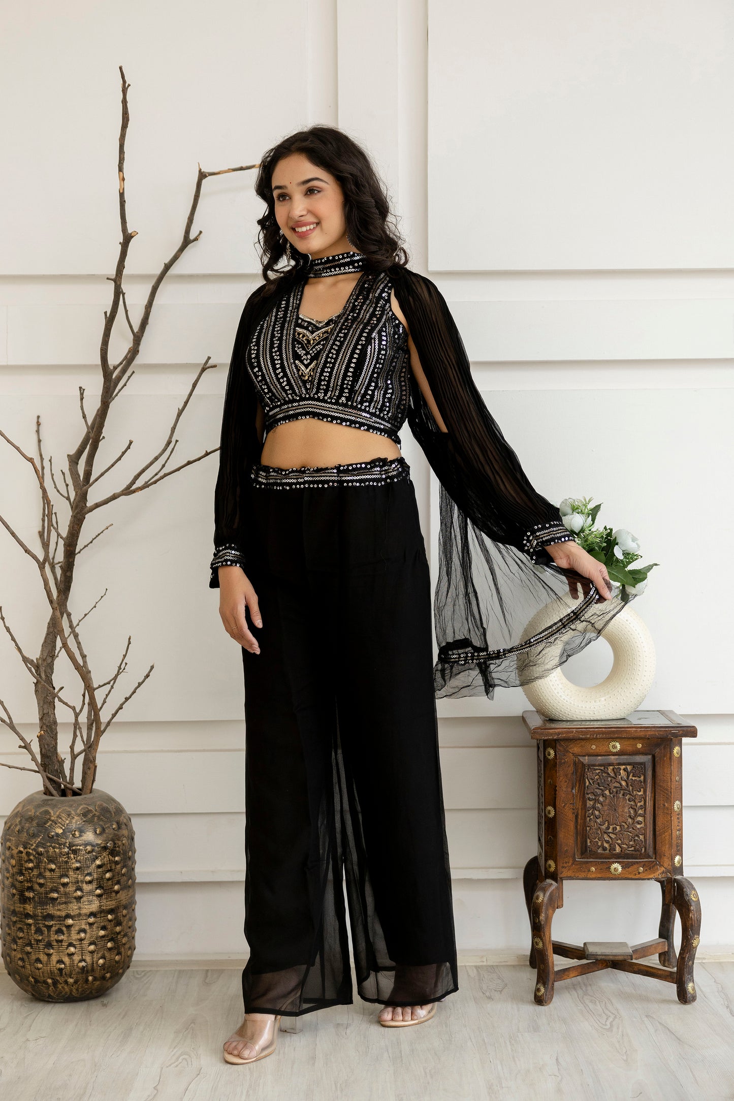 Sequenced Top with Tummy-Worked Palazzo & Balloon Sleeves