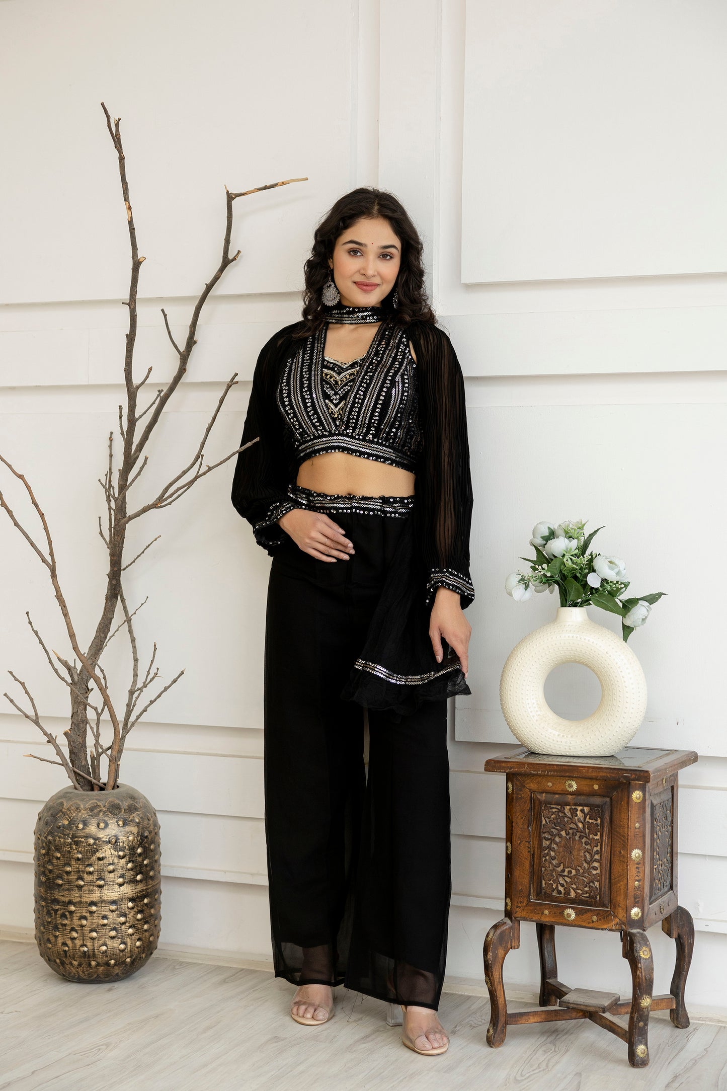 Sequenced Top with Tummy-Worked Palazzo & Balloon Sleeves