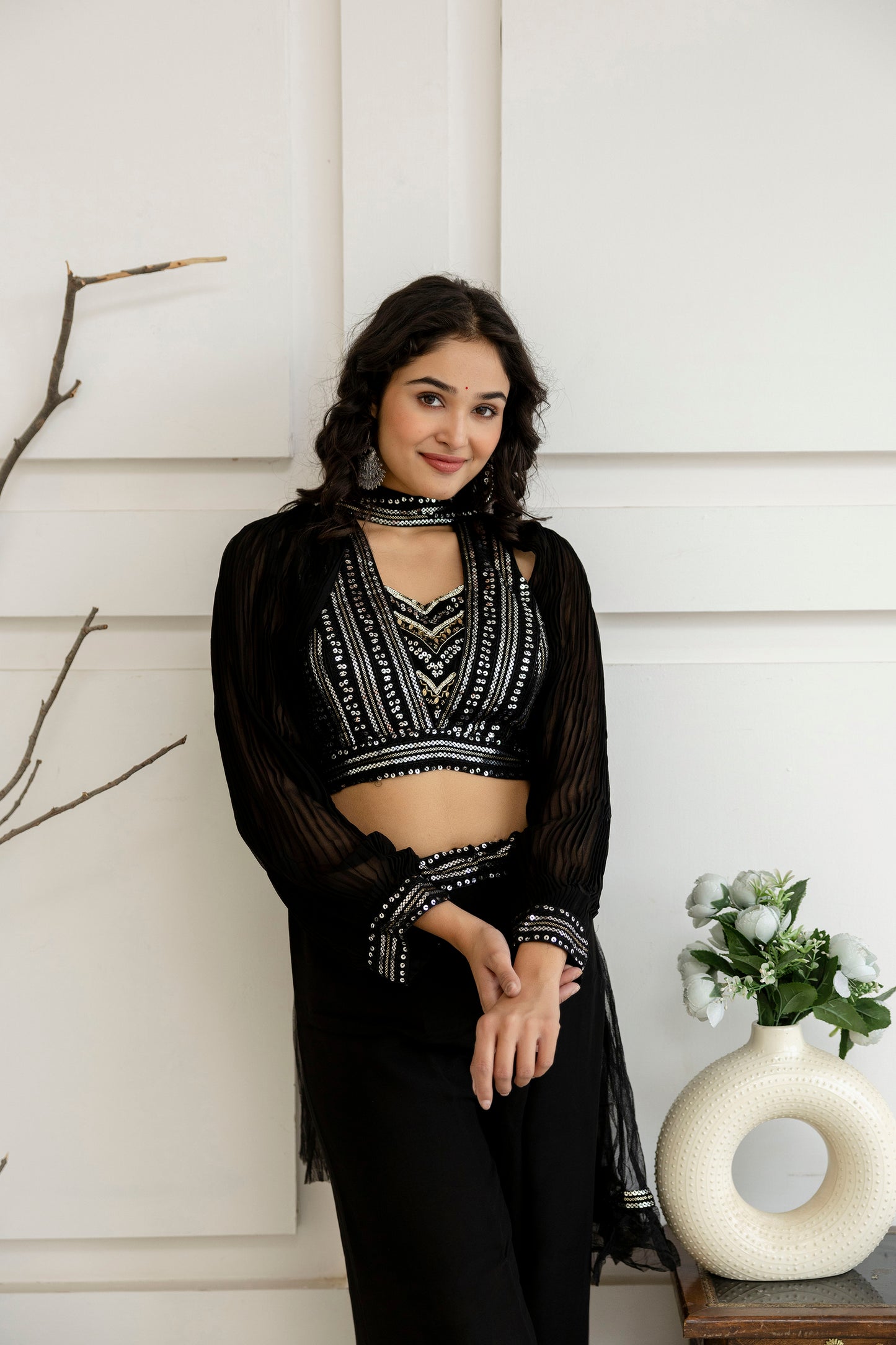 Sequenced Top with Tummy-Worked Palazzo & Balloon Sleeves