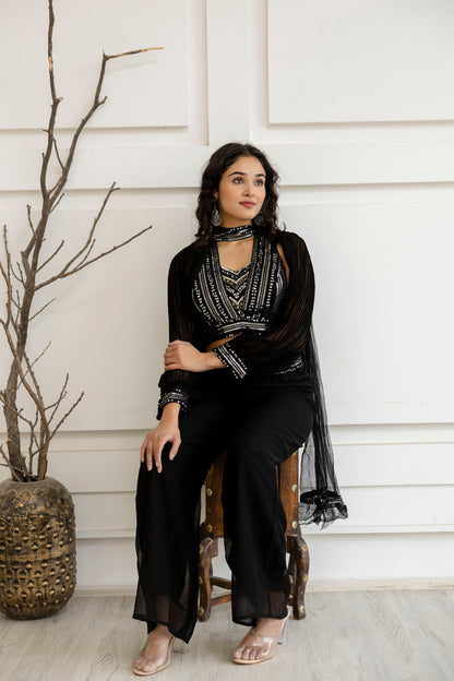 Sequenced Top with Tummy-Worked Palazzo & Balloon Sleeves