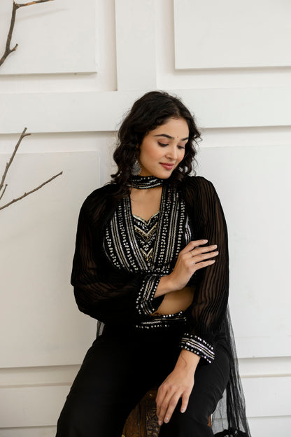 Sequenced Top with Tummy-Worked Palazzo & Balloon Sleeves