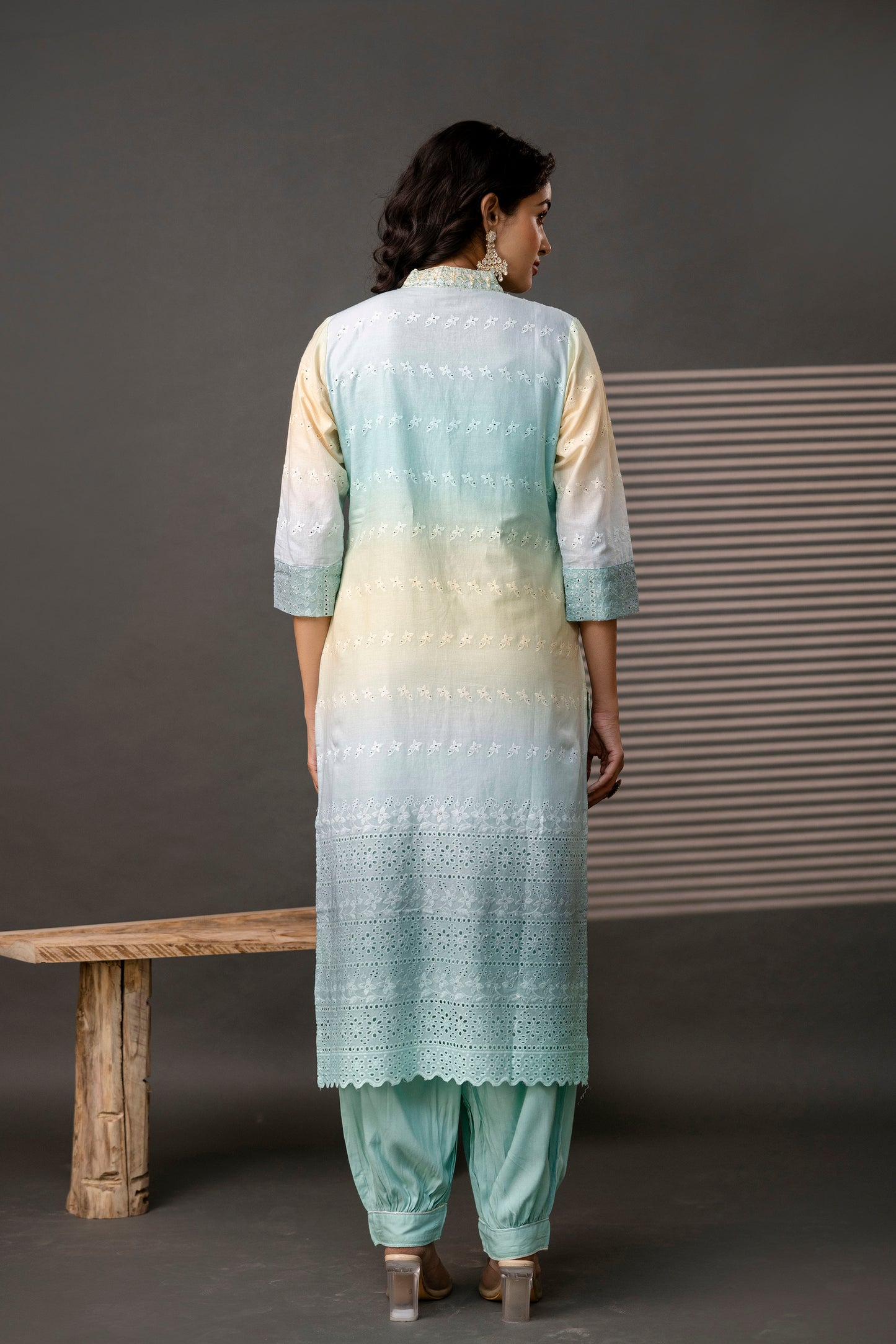 Double-Shaded V-Neck Kurti with Embroidered Cut Work, Palla, Plain Pant & Shiffon Dupatta