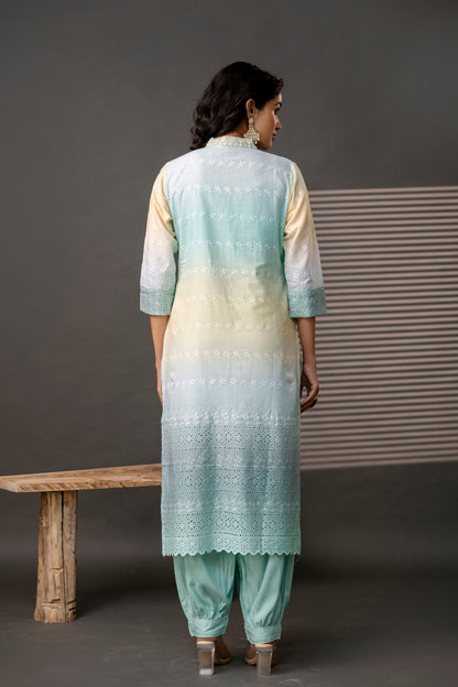 Double-Shaded V-Neck Kurti with Embroidered Cut Work, Palla, Plain Pant & Shiffon Dupatta