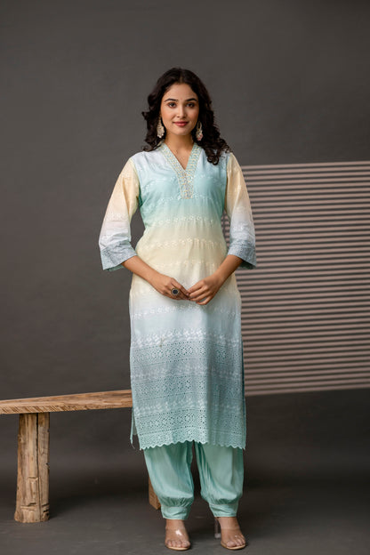 Double-Shaded V-Neck Kurti with Embroidered Cut Work, Palla, Plain Pant & Shiffon Dupatta