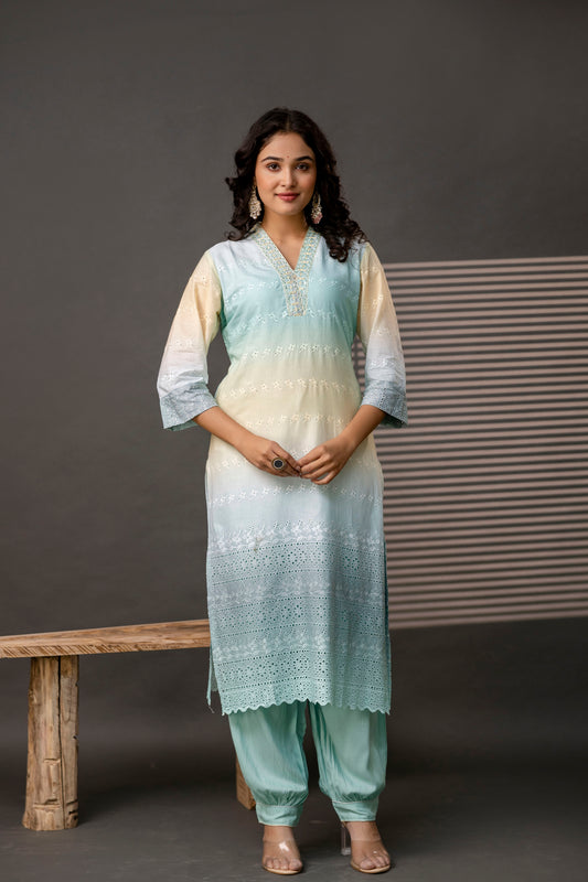 Double-Shaded V-Neck Kurti with Embroidered Cut Work, Palla, Plain Pant & Shiffon Dupatta