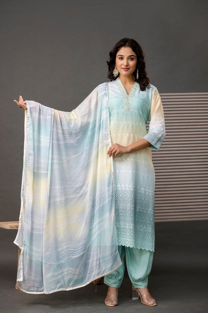 Double-Shaded V-Neck Kurti with Embroidered Cut Work, Palla, Plain Pant & Shiffon Dupatta