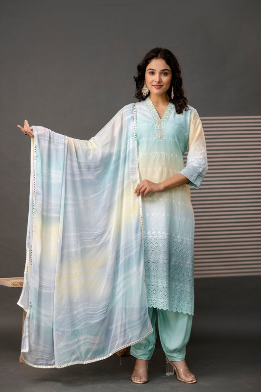 Double-Shaded V-Neck Kurti with Embroidered Cut Work, Palla, Plain Pant & Shiffon Dupatta