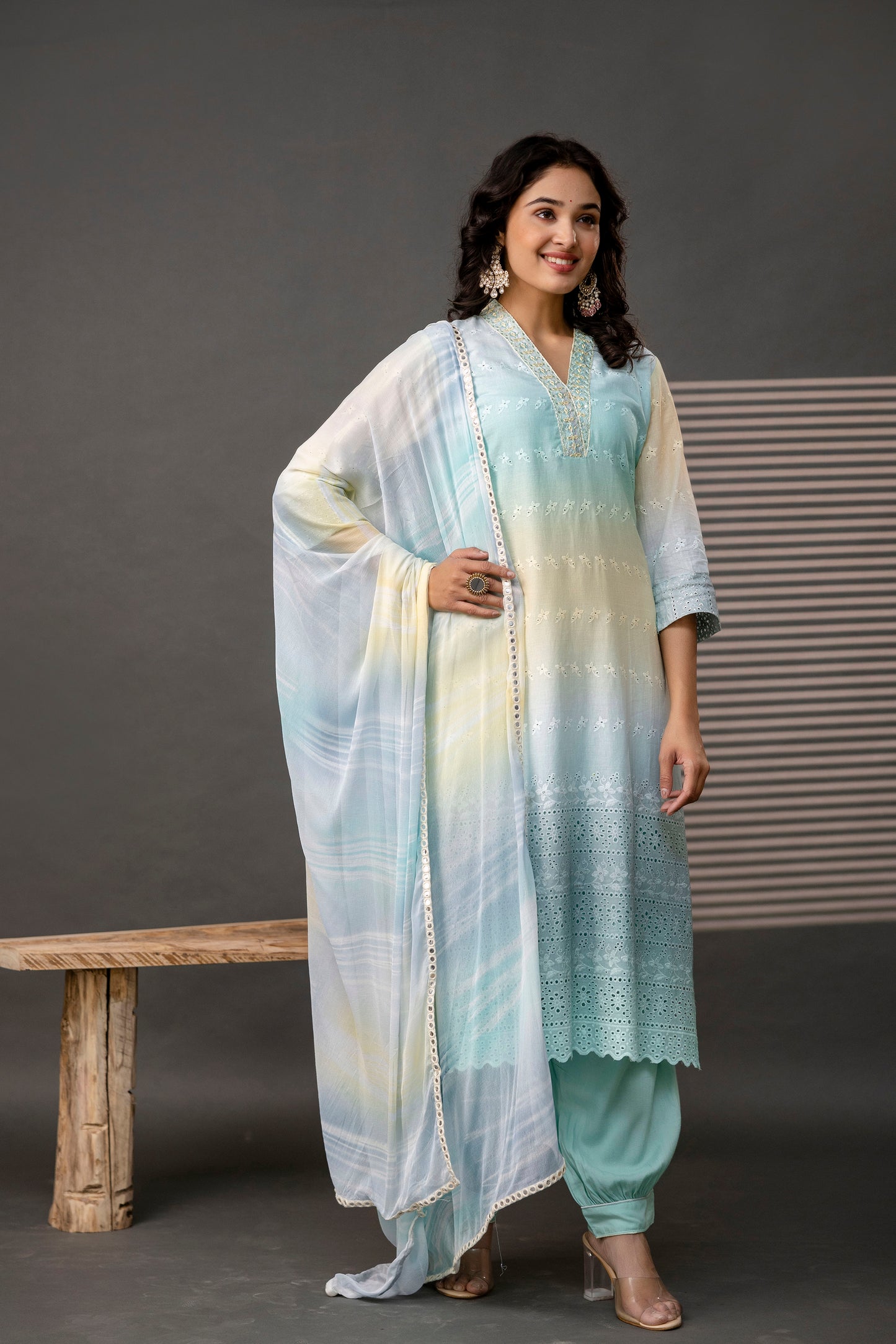 Double-Shaded V-Neck Kurti with Embroidered Cut Work, Palla, Plain Pant & Shiffon Dupatta