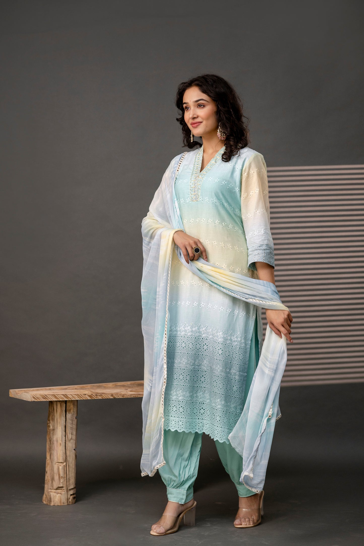 Double-Shaded V-Neck Kurti with Embroidered Cut Work, Palla, Plain Pant & Shiffon Dupatta