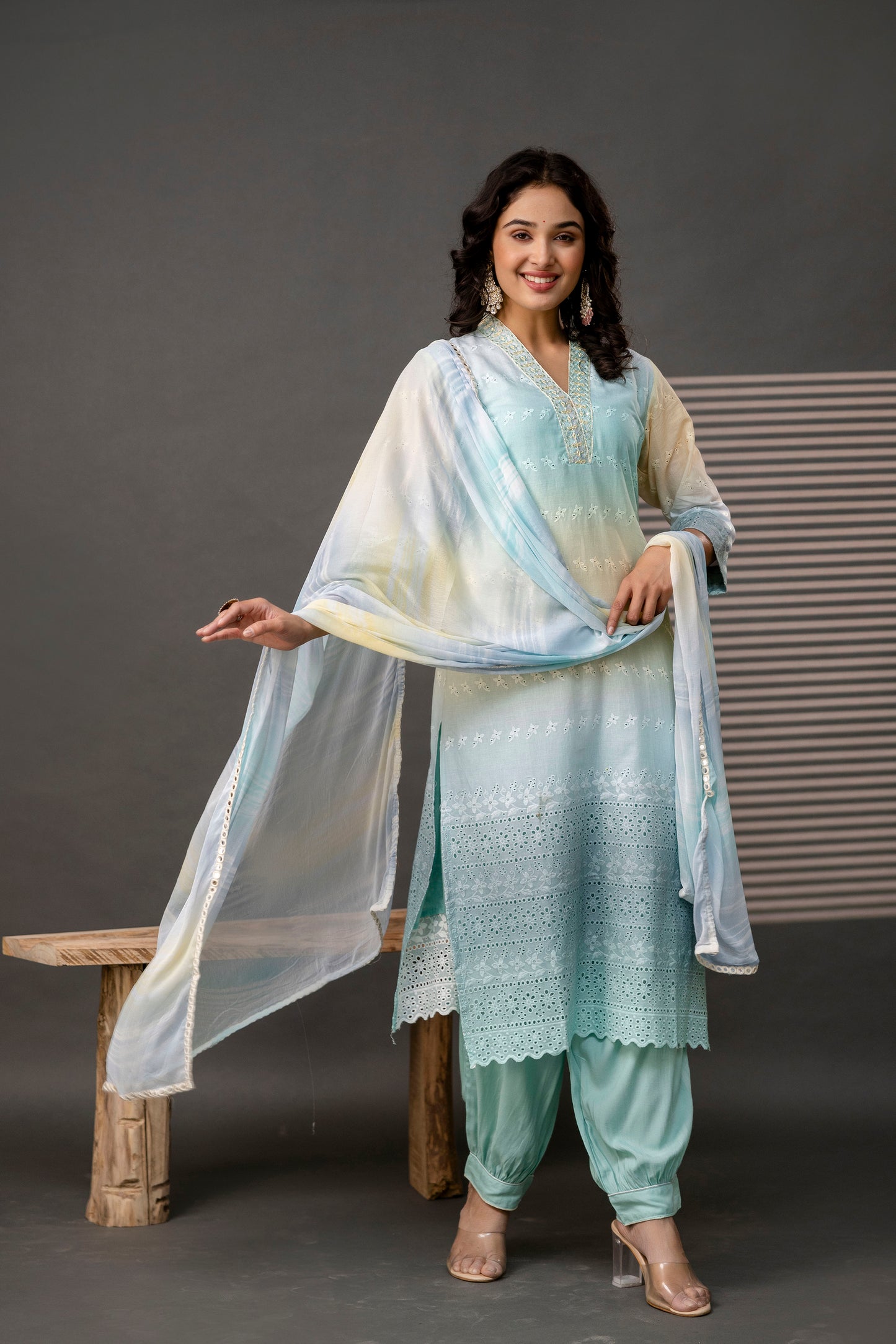 Double-Shaded V-Neck Kurti with Embroidered Cut Work, Palla, Plain Pant & Shiffon Dupatta