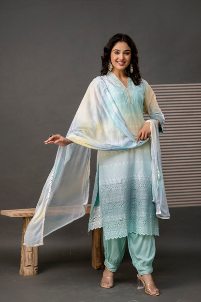 Double-Shaded V-Neck Kurti with Embroidered Cut Work, Palla, Plain Pant & Shiffon Dupatta