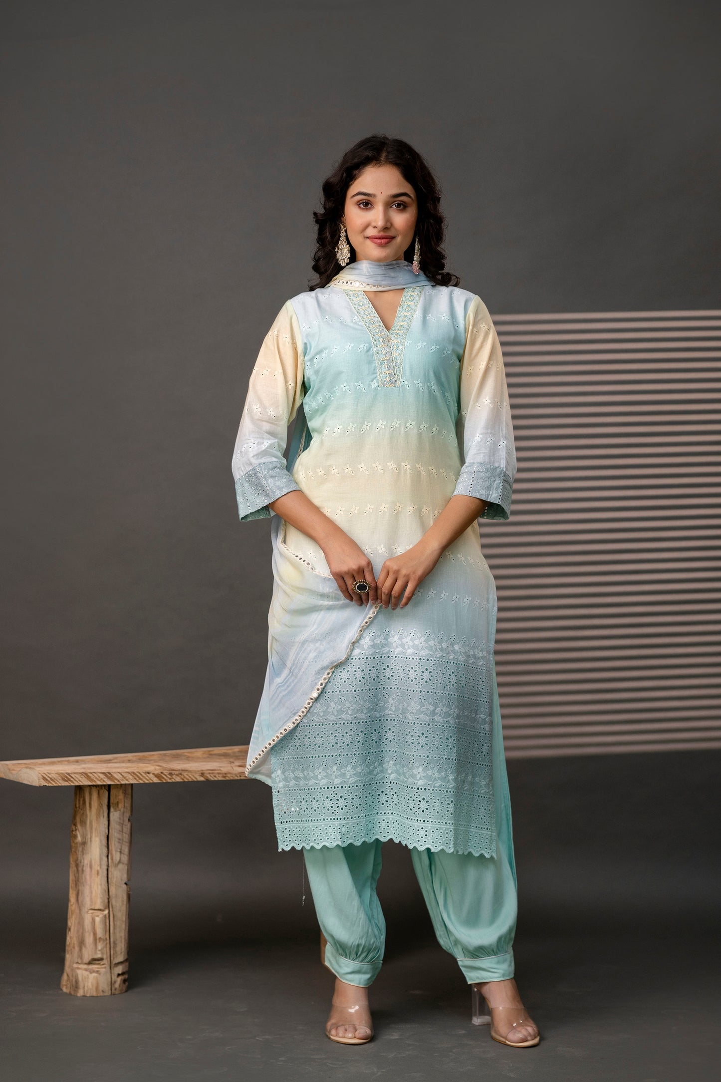 Double-Shaded V-Neck Kurti with Embroidered Cut Work, Palla, Plain Pant & Shiffon Dupatta
