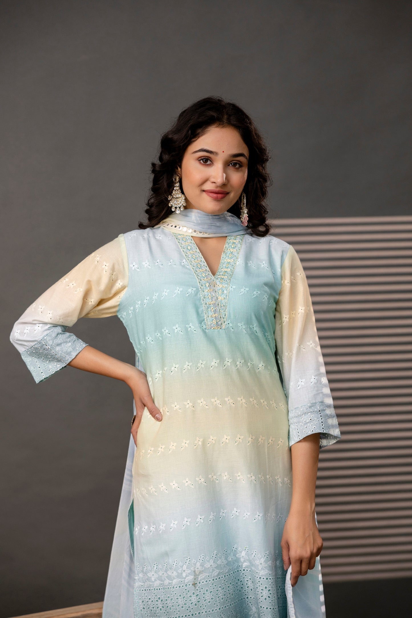 Double-Shaded V-Neck Kurti with Embroidered Cut Work, Palla, Plain Pant & Shiffon Dupatta