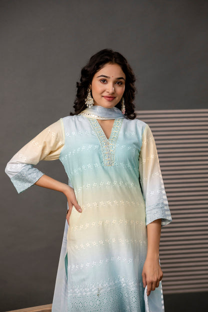 Double-Shaded V-Neck Kurti with Embroidered Cut Work, Palla, Plain Pant & Shiffon Dupatta