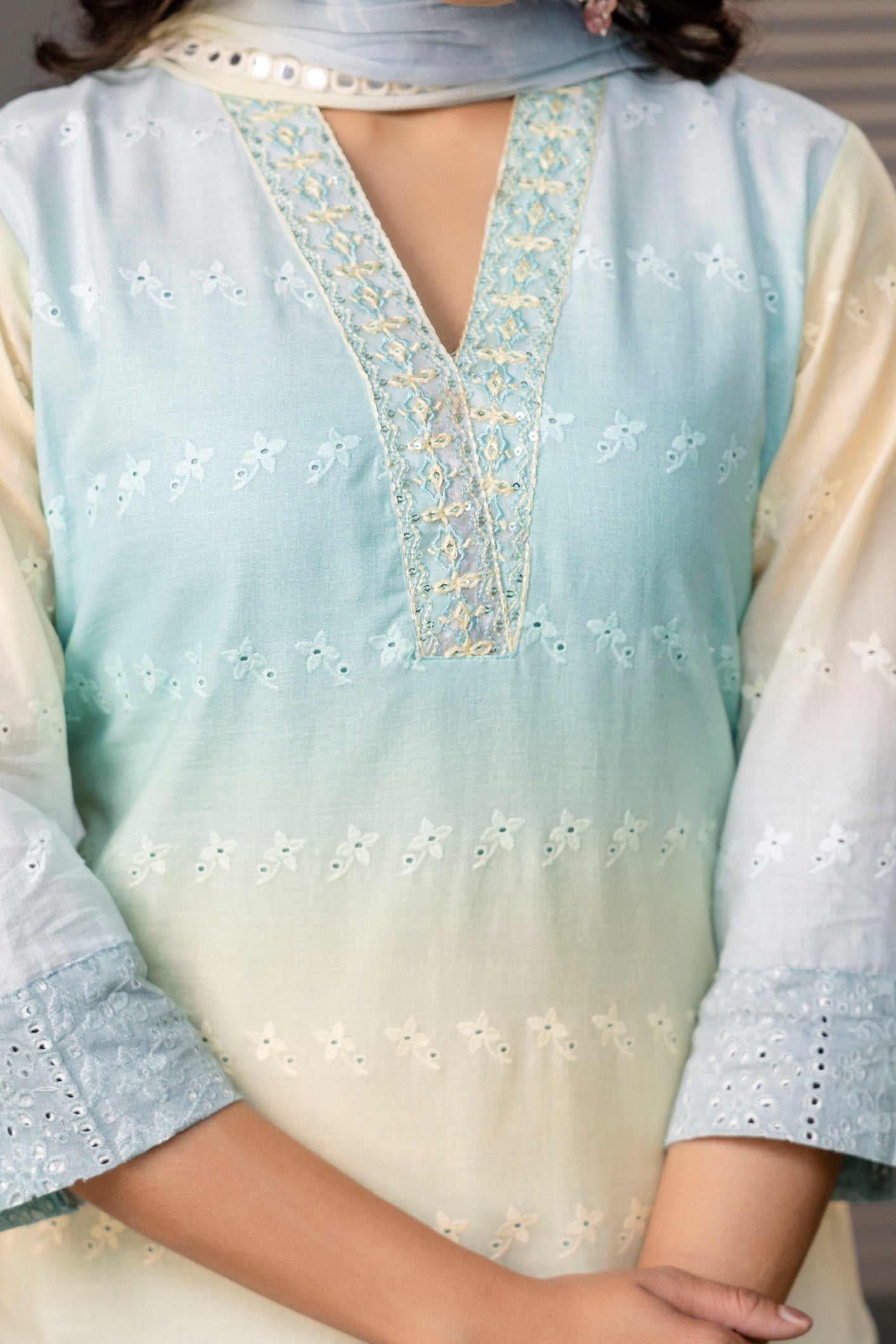 Double-Shaded V-Neck Kurti with Embroidered Cut Work, Palla, Plain Pant & Shiffon Dupatta