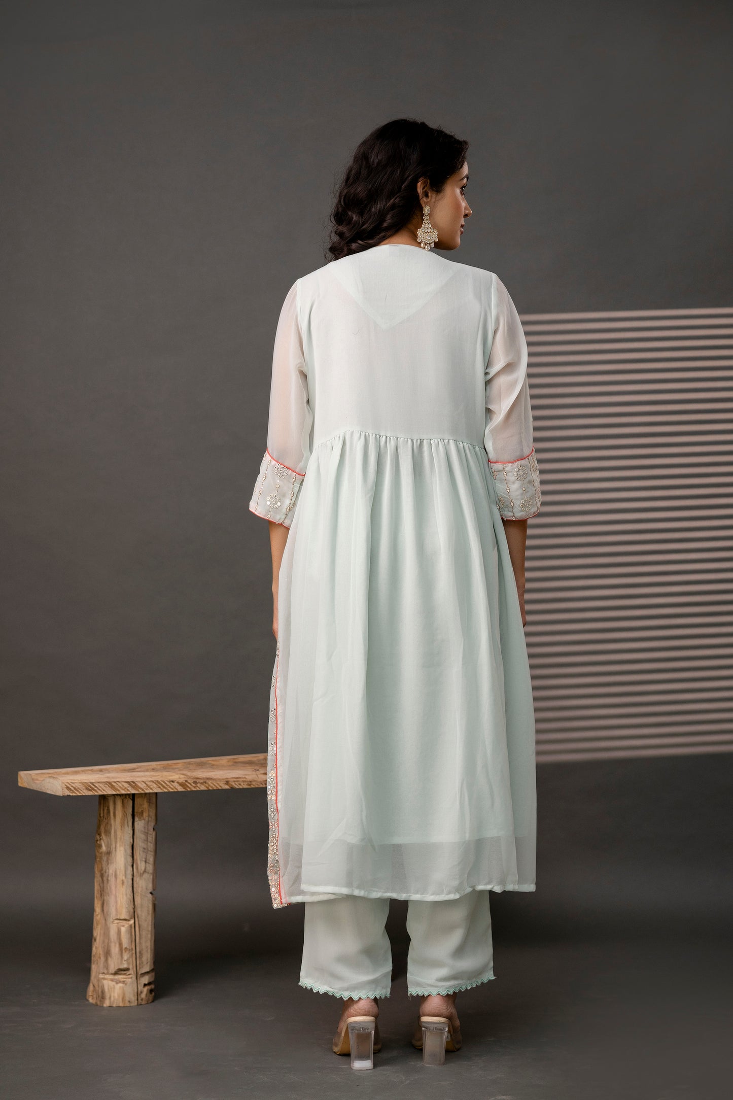 V-Neck Sequence Frock with Plain Trouser & Decorative Embroidered Dupatta