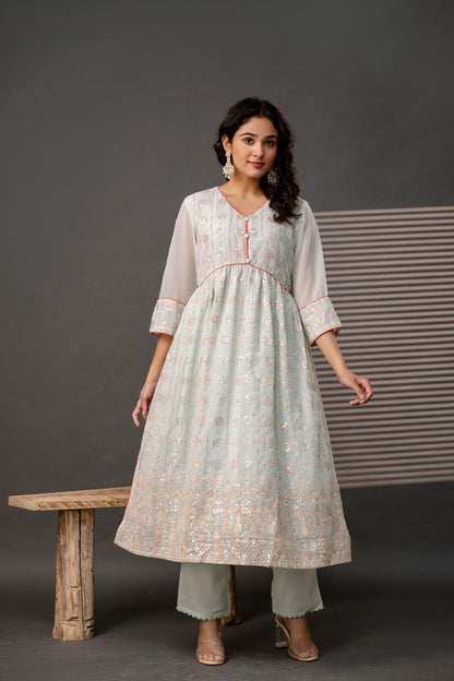 V-Neck Sequence Frock with Plain Trouser & Decorative Embroidered Dupatta