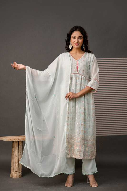 V-Neck Sequence Frock with Plain Trouser & Decorative Embroidered Dupatta