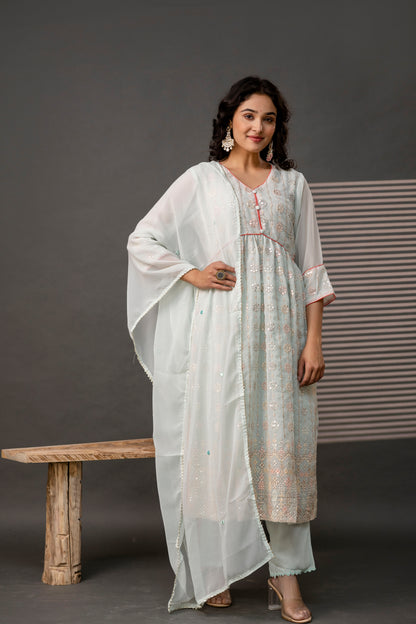 V-Neck Sequence Frock with Plain Trouser & Decorative Embroidered Dupatta
