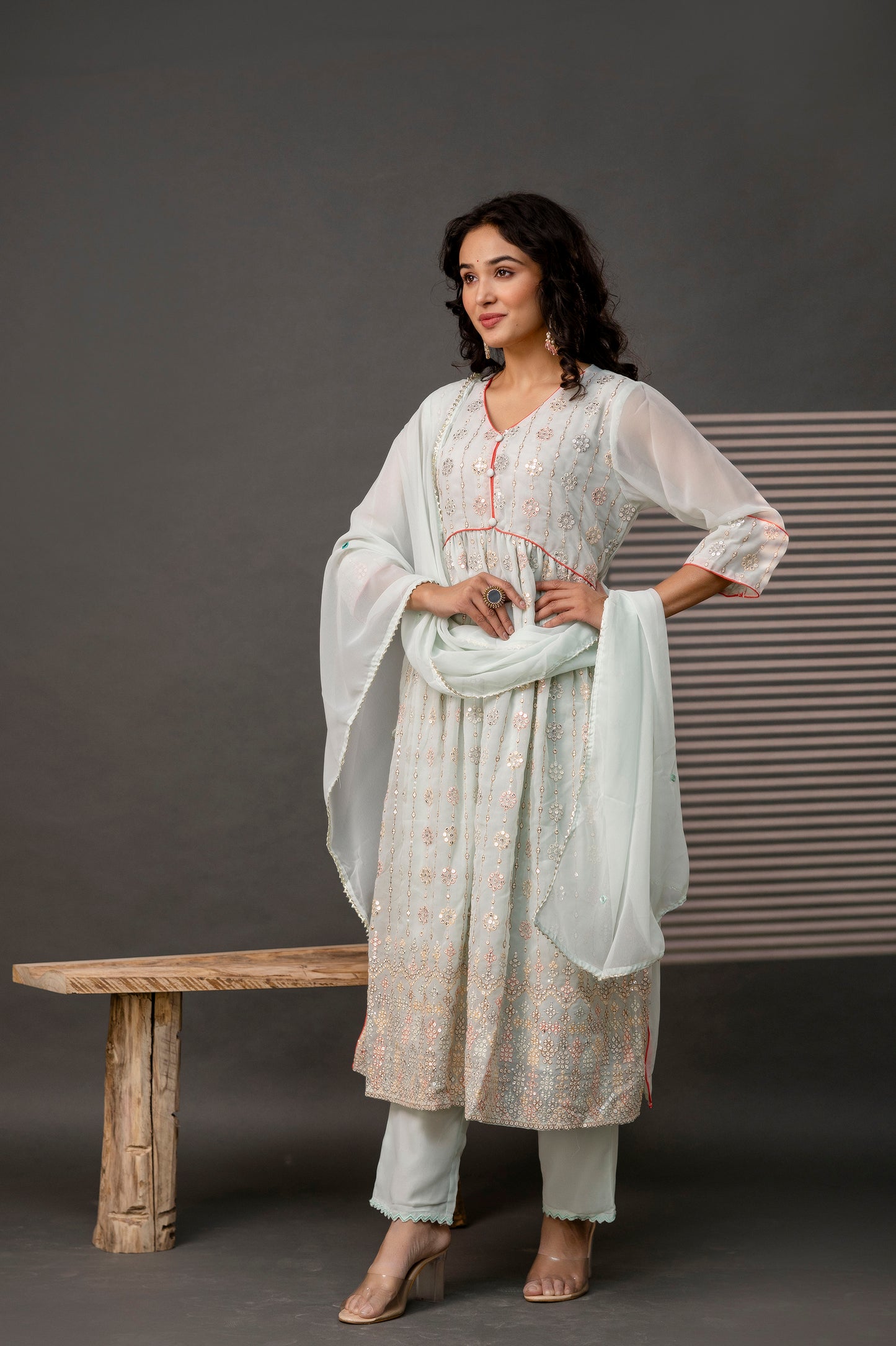 V-Neck Sequence Frock with Plain Trouser & Decorative Embroidered Dupatta