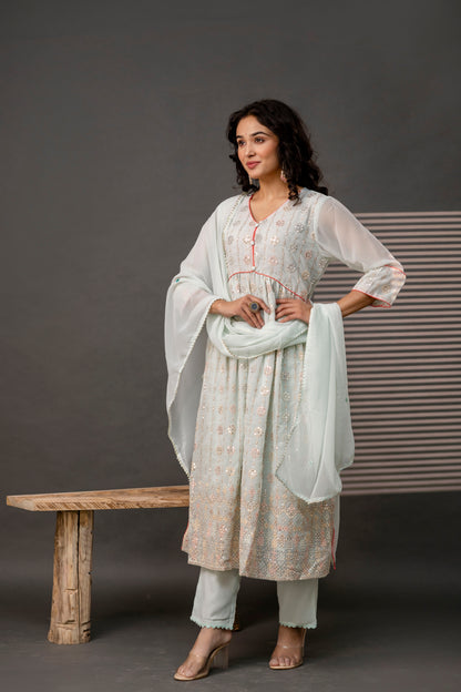 V-Neck Sequence Frock with Plain Trouser & Decorative Embroidered Dupatta