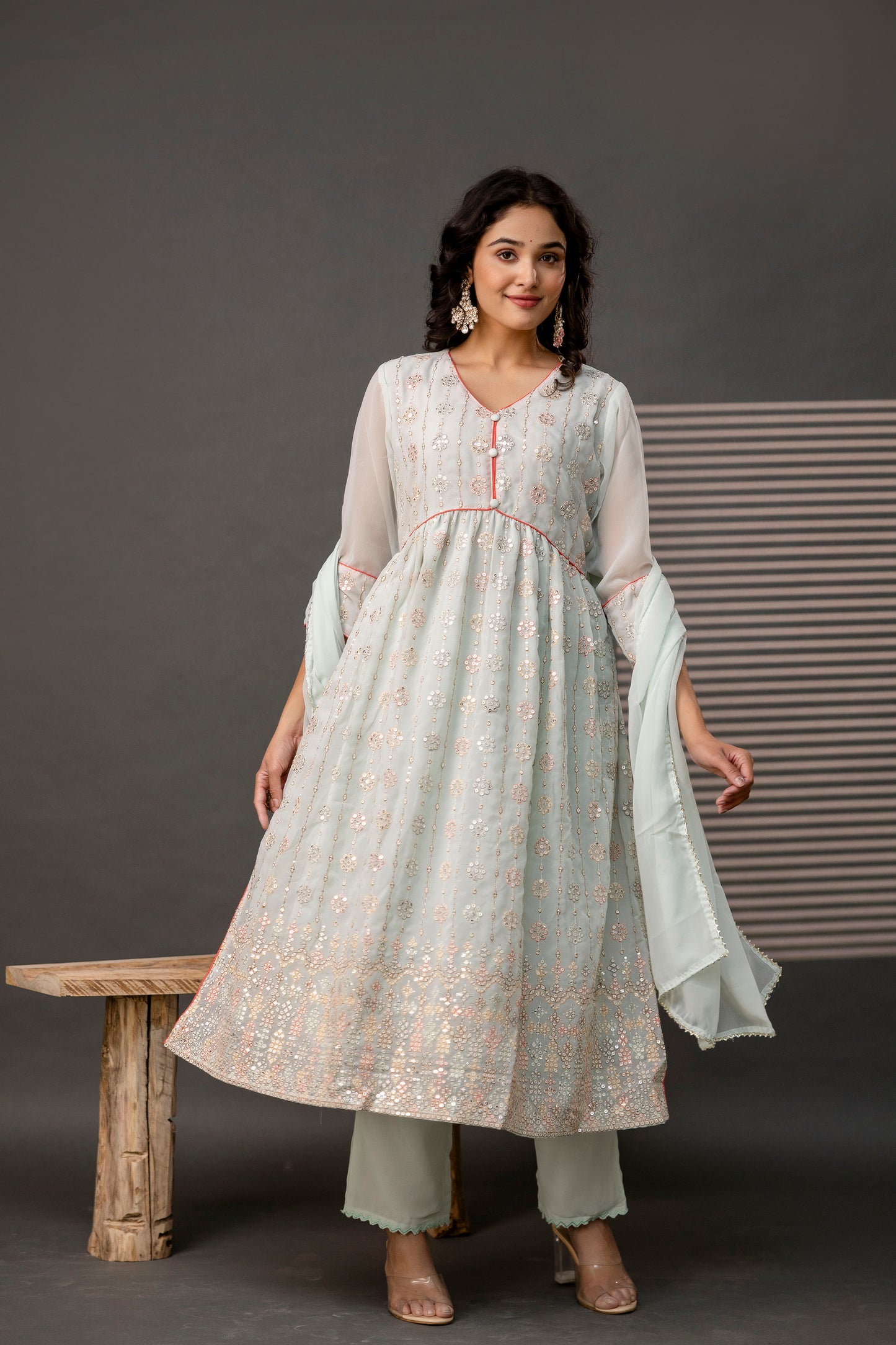 V-Neck Sequence Frock with Plain Trouser & Decorative Embroidered Dupatta