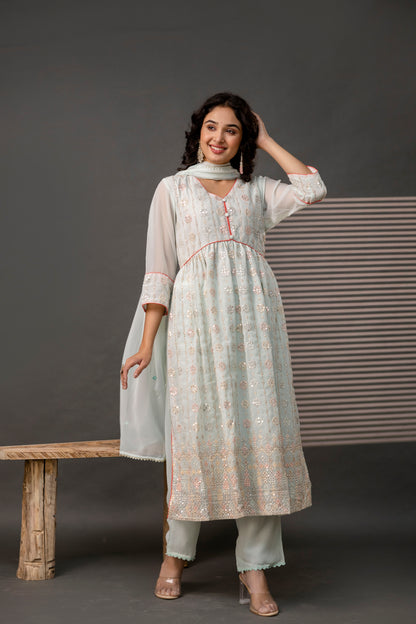 V-Neck Sequence Frock with Plain Trouser & Decorative Embroidered Dupatta