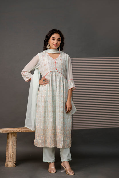 V-Neck Sequence Frock with Plain Trouser & Decorative Embroidered Dupatta