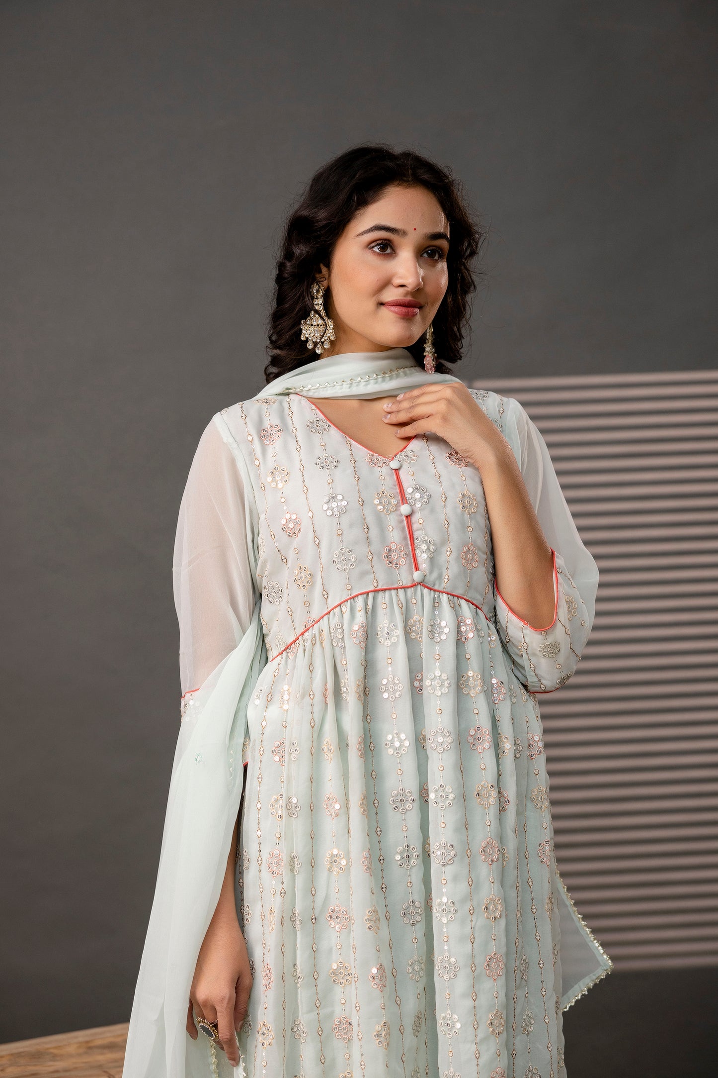 V-Neck Sequence Frock with Plain Trouser & Decorative Embroidered Dupatta