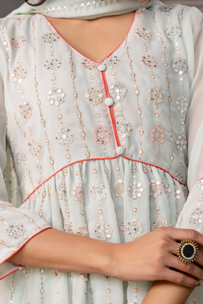 V-Neck Sequence Frock with Plain Trouser & Decorative Embroidered Dupatta