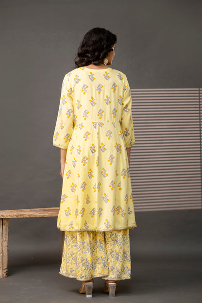Embellished Round Neck Frock with Printed Cotton Sharara & Dual-Toned Chiffon Dupatta