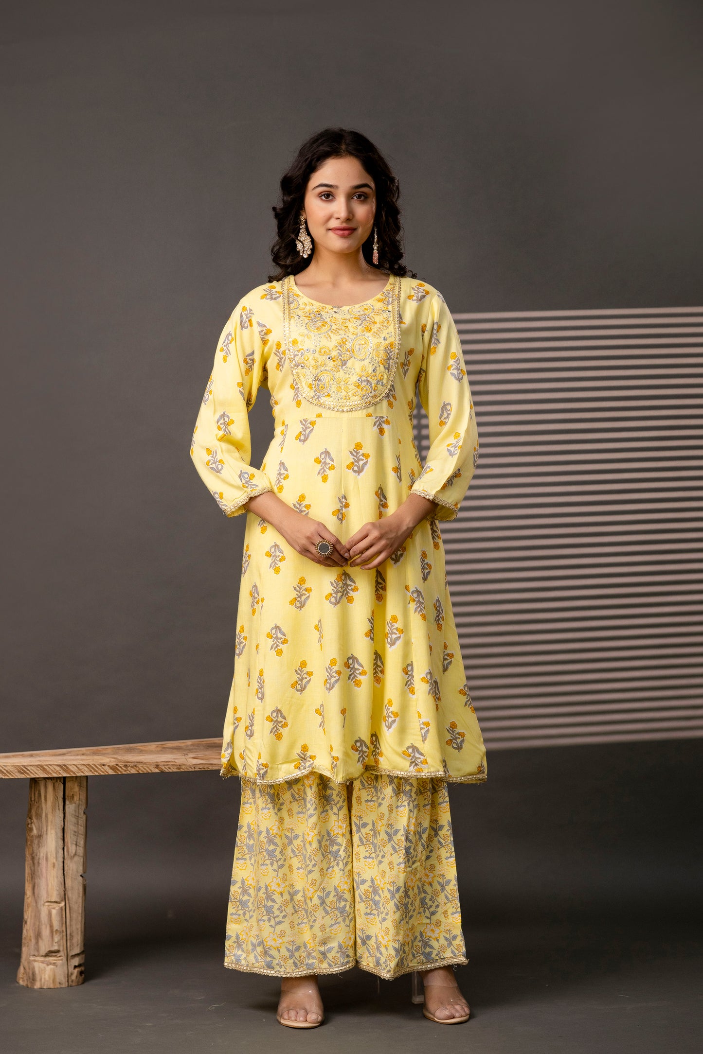 Embellished Round Neck Frock with Printed Cotton Sharara & Dual-Toned Chiffon Dupatta